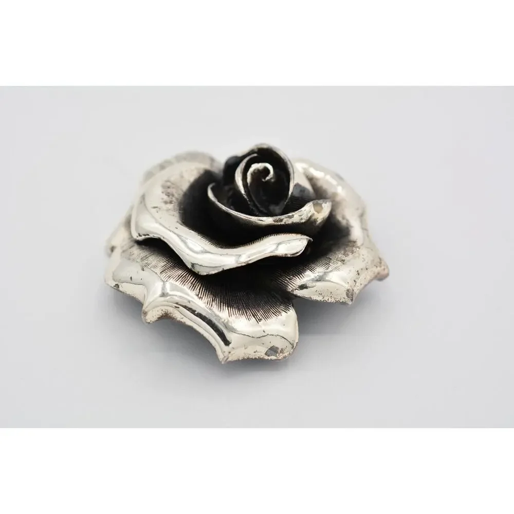 Tortolani Vintage Rose Pin Brooch Flower Chunky Heavy Silver Signed 1950s BinAT